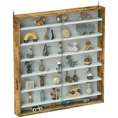 Rustic Brown 7 Tier Wall Display Cabinet With Glass Doors and Adjustable Shelves by HOMCOM