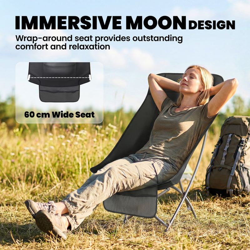 Folding Moon Camping Chair with Supportive Seat and Side Pocket for Outdoor Comfort Black