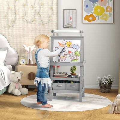 3 in 1 Kids Easel With Magnetic Whiteboard Chalkboard Paper Roll and Storage Baskets, Grey