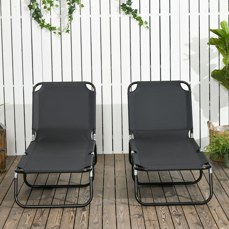 Set of 2 Black Folding Sun Loungers with Metal Frame Ideal for Garden or Patio Use