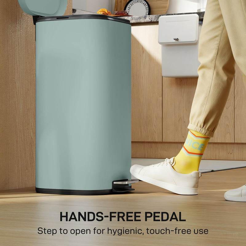 Green 30L Pedal Kitchen Bin with Soft Close Lid and Removable Inner Bucket for Home Use