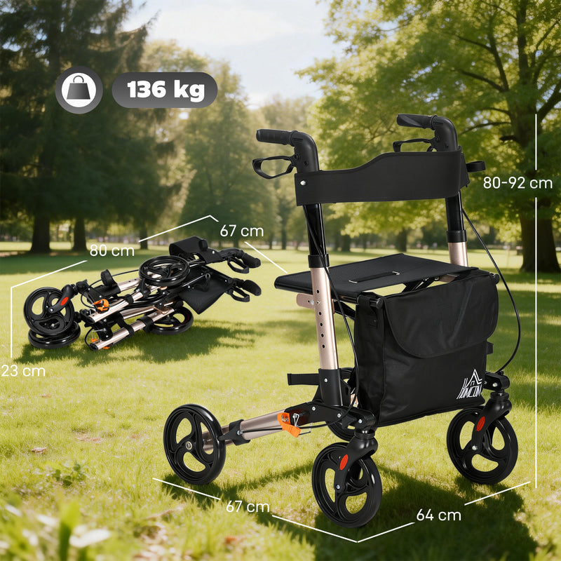 HOMCOM Rollator Walker with Seat with Carry Bag, Adjustable Height, Cane Holder for Seniors and Disabled, Gold Tone