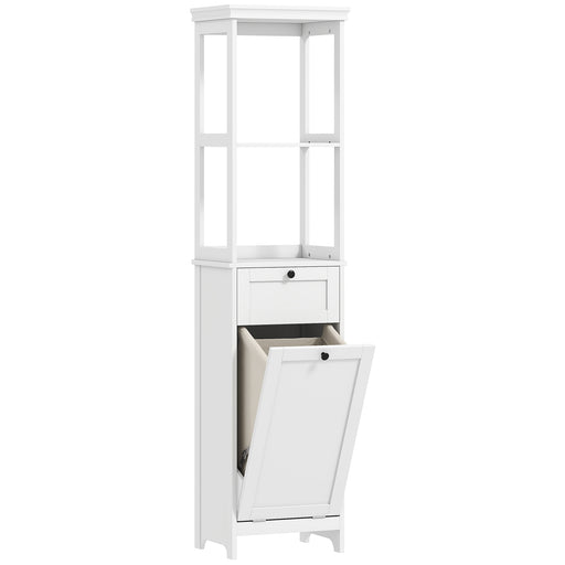 Tall White Bathroom Storage Cabinet With Tilt Out Laundry Basket For Organised Bathrooms