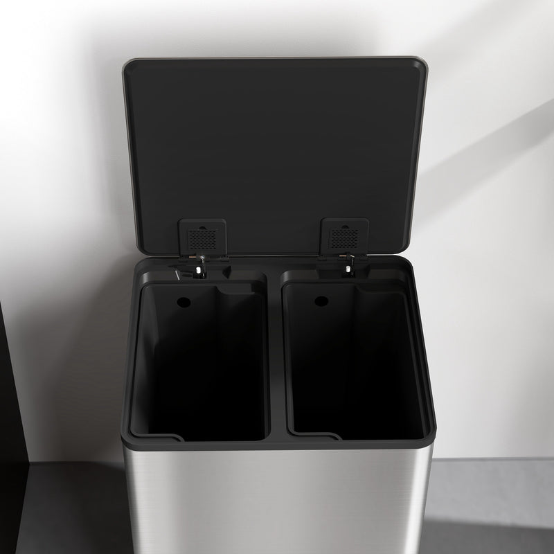 Kitchen Pedal Bin with Dual 20L Compartments for Easy Rubbish and Recycling Silver Tone AOSOM