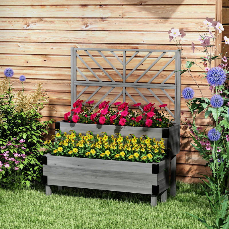 2 Tier Wooden Raised Garden Planter With Trellis For Vegetables Herbs And Flowers Grey Outsunny