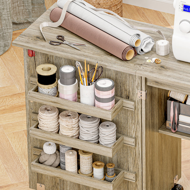Grey Folding Sewing Table with Drop Leaf Storage Bins Shelves and Wheels by HOMCOM AOSOM