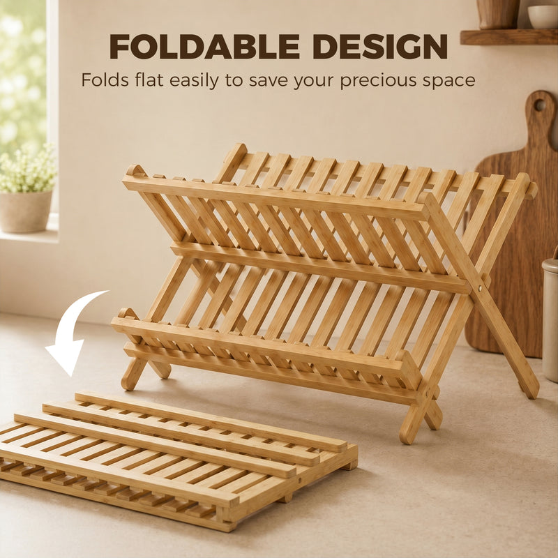 Foldable Bamboo Dish Drying Rack for Small Kitchens Two Tier Space Saving Natural Wood