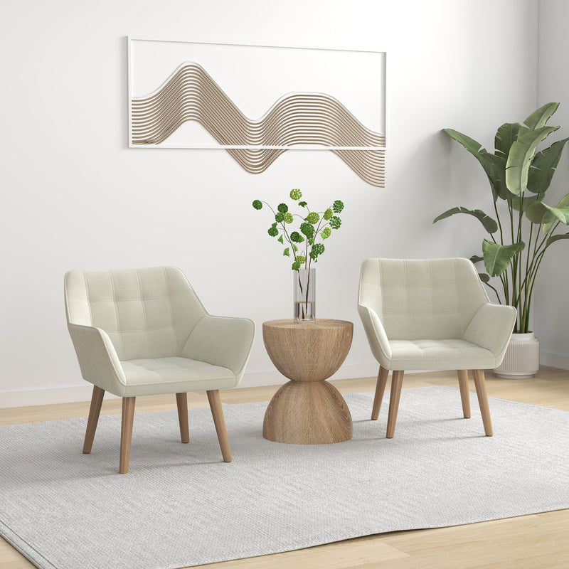 Set of 2 Slanted Back Armchairs with Thick Padding for Living Room Comfort Cream White