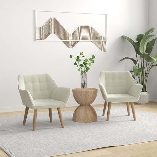 Set of 2 Slanted Back Armchairs with Thick Padding for Living Room Comfort Cream White