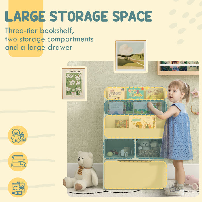 Kids Bookshelf and Toy Organiser with Storage Drawer and Wheels Green by HOMCOM