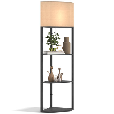 Tall Corner Floor Lamp with Storage Shelves and Chain Switch for Living Room, Black