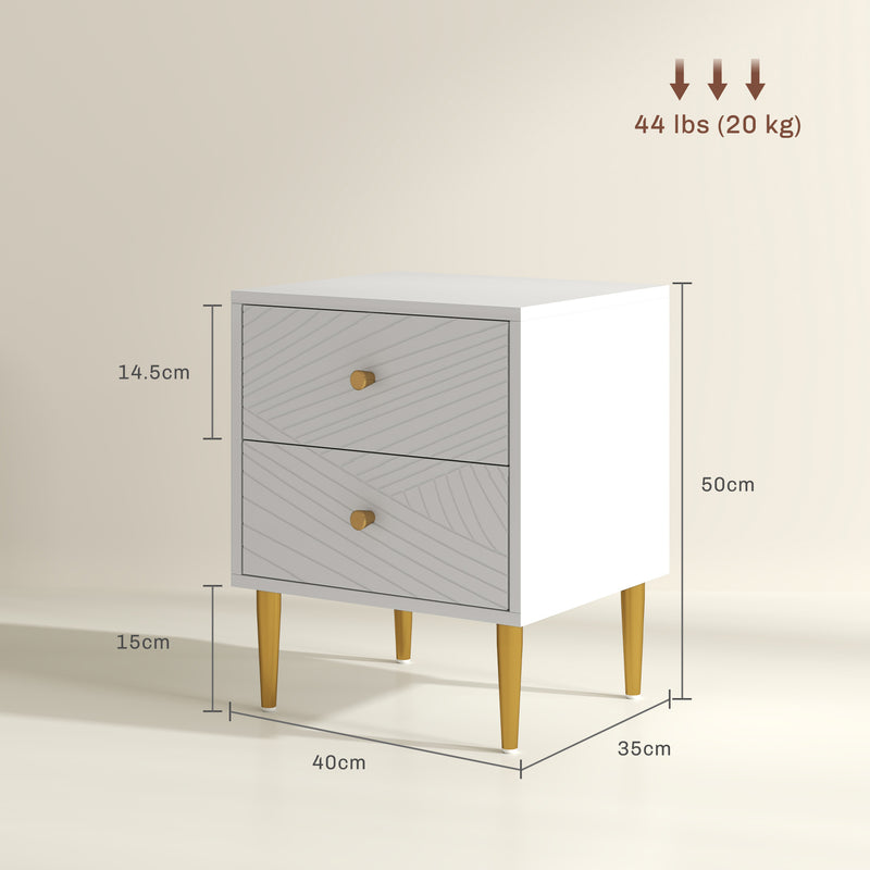 White Bedside Table with Two Drawers With Gold Legs and Knobs by HOMCOM