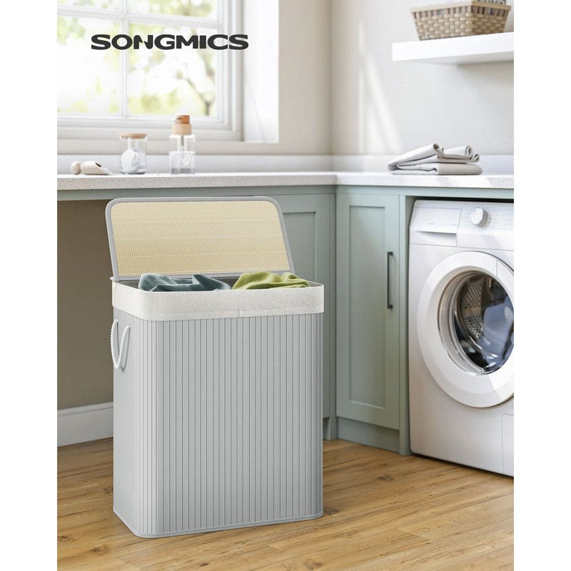 Grey Bamboo Laundry Basket, 2 Sections by Songmics