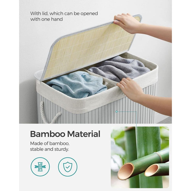 Grey Bamboo Laundry Basket, 2 Sections by Songmics