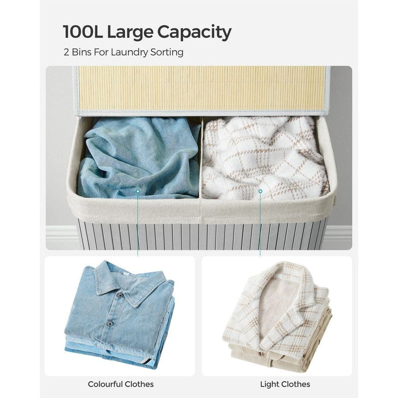 Grey Bamboo Laundry Basket, 2 Sections by Songmics