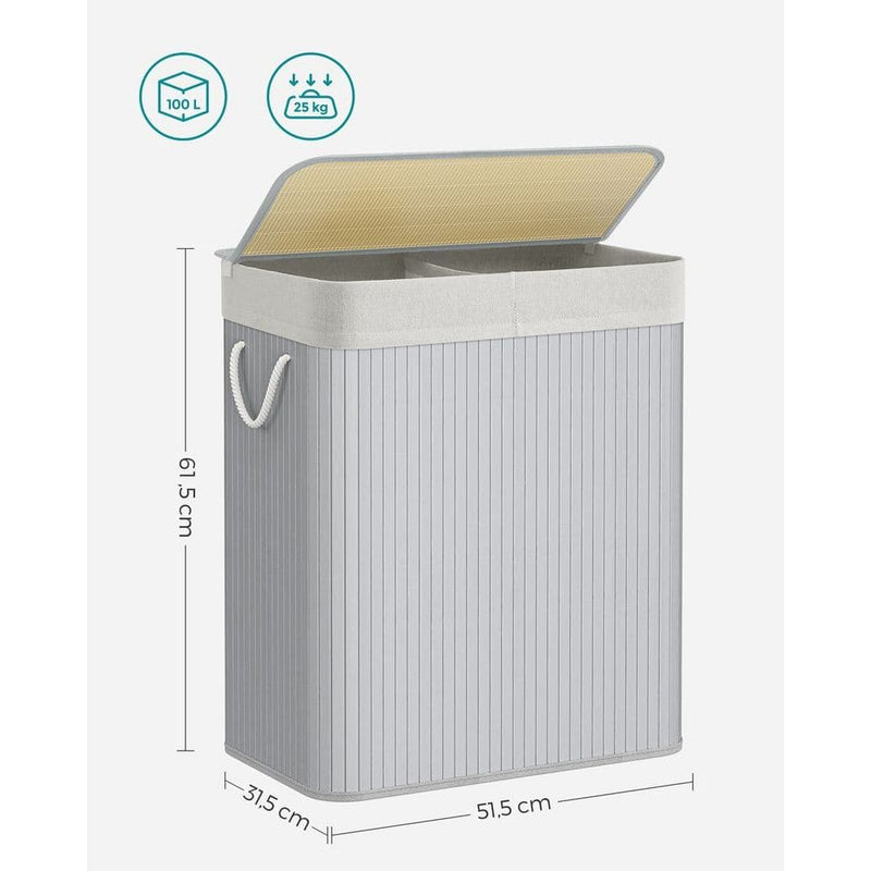 Grey Bamboo Laundry Basket, 2 Sections by Songmics
