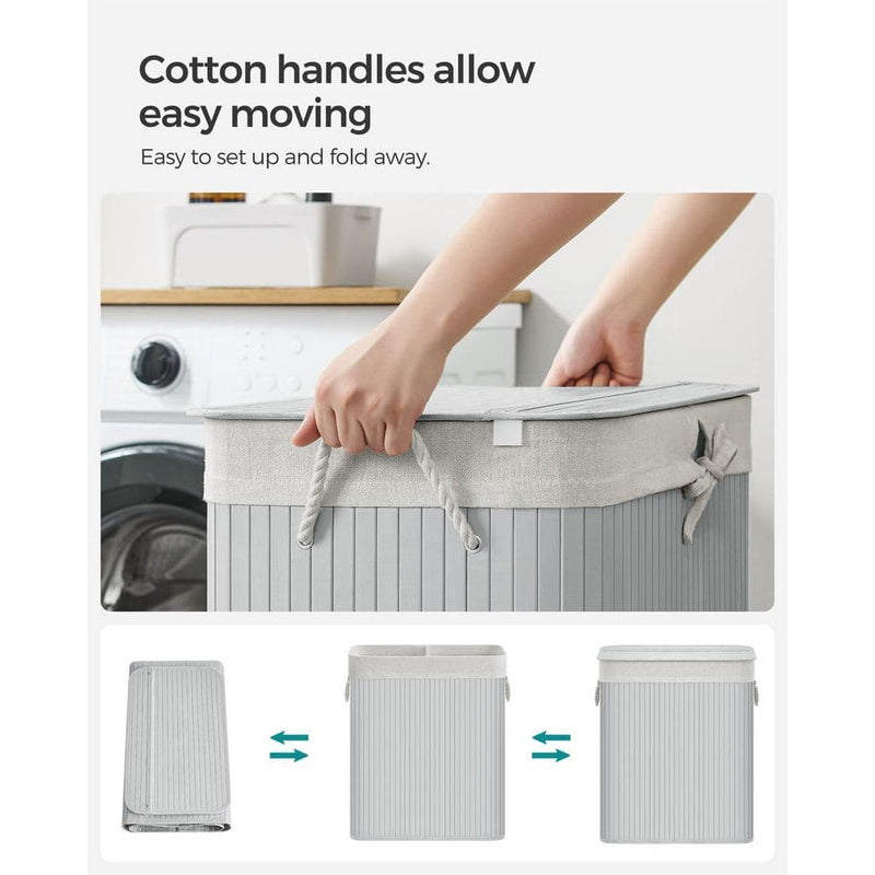 Grey Bamboo Laundry Basket, 2 Sections by Songmics