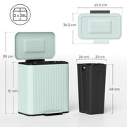 40L Double Compartment Indoor Recycling Bin with Soft Close Lid and Pedal in Green
