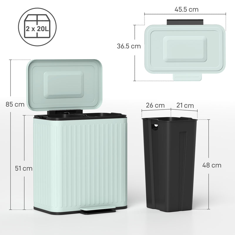 40L Double Compartment Indoor Recycling Bin with Soft Close Lid and Pedal in Green