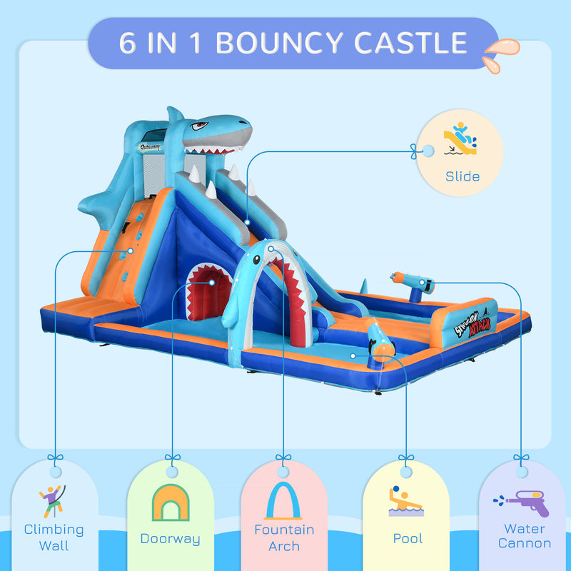 6 in 1 Inflatable Water Park with Slide Pool Trampoline and Blower for Kids Ages 3-8 Years, Blue Outsunny