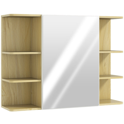 Wall Mounted Bathroom Mirror Cabinet With Open Shelves For Extra Storage, Natural Wood