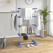 Four Shelf Folding Clothes Airer with Side Wings and Wheels for Indoor Drying, Blue