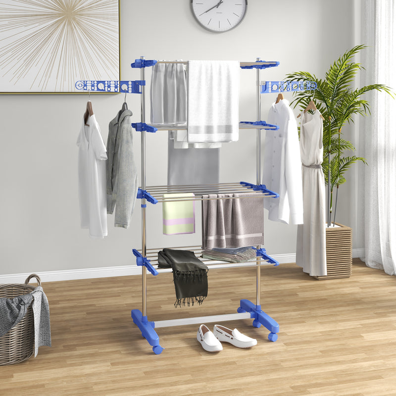 Four Shelf Folding Clothes Airer with Side Wings and Wheels for Indoor Drying, Blue