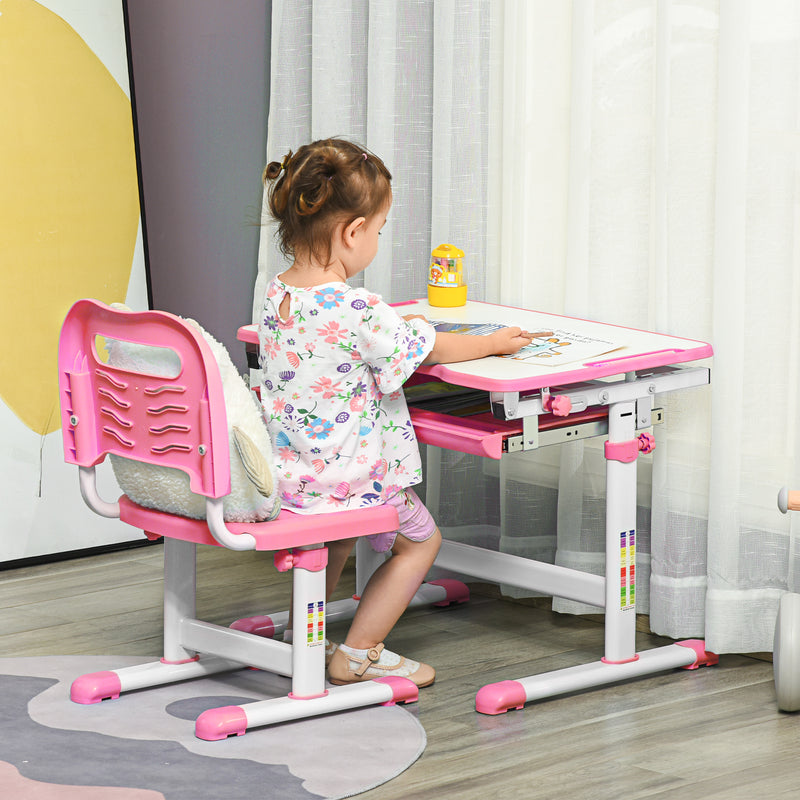 Adjustable Kids Desk and Chair Set with Storage Drawer and Hook for Study Time, Pink