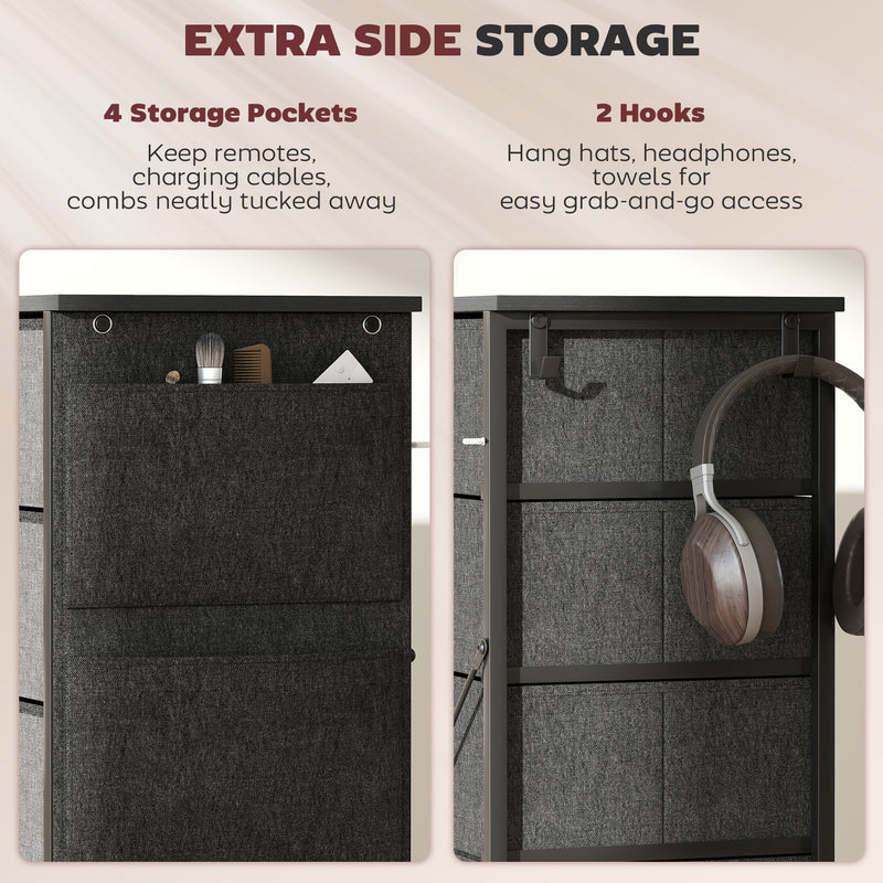 Tall Chest of 5 Fabric Storage Drawers for Bedroom or Hallway Organising, Charcoal Grey