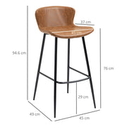 Set of 2 PU Leather Bar Stools with Backrest and Steel Legs for Kitchen Dining, Brown
