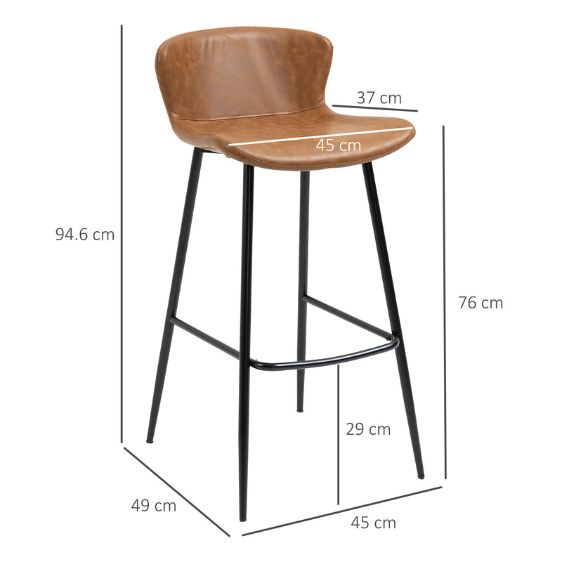 Set of 2 PU Leather Bar Stools with Backrest and Steel Legs for Kitchen Dining, Brown