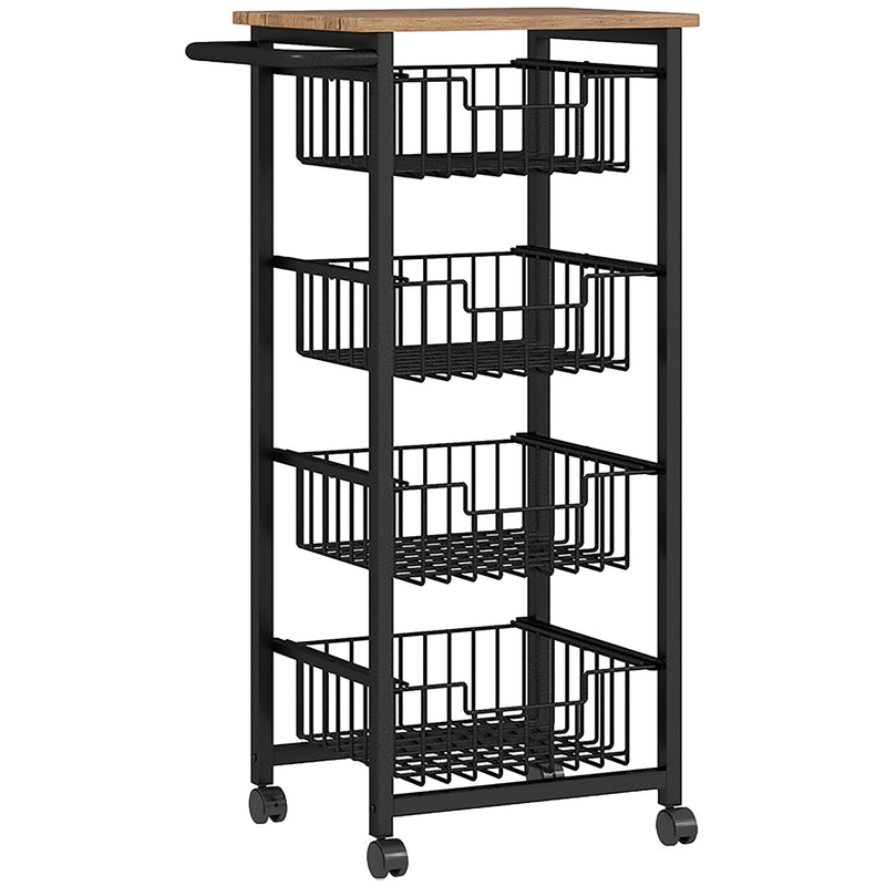 Kitchen Storage Trolley with 4 Mesh Baskets and Wood Effect Top for Extra Worktop Space Oak Black