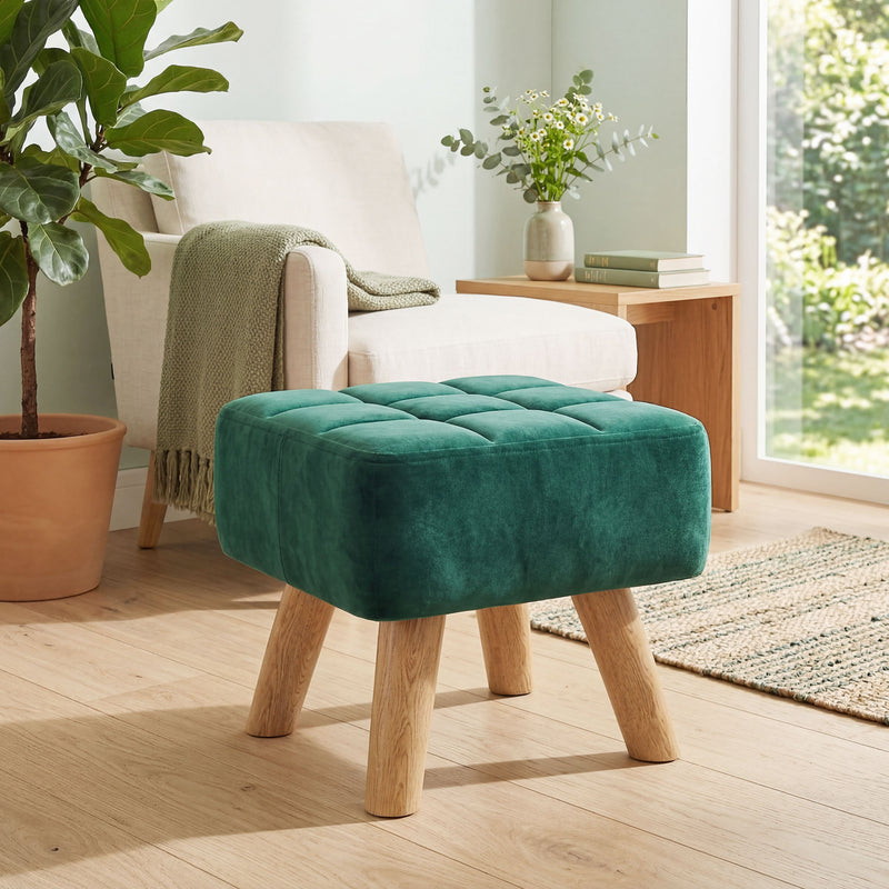 HOMCOM Velvet Square Padded Footstool - Dark Green AOSOM