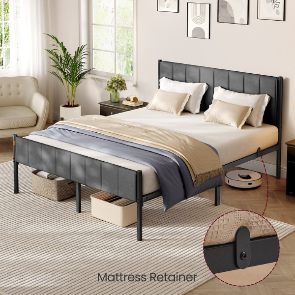 Bed Frame For King Size Bed With Grey Upholstered Headboard - Easy Assembly