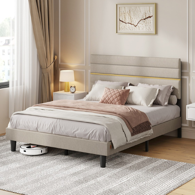 Bed Frame For Double Bed With Beige Linen Upholstered Headboard