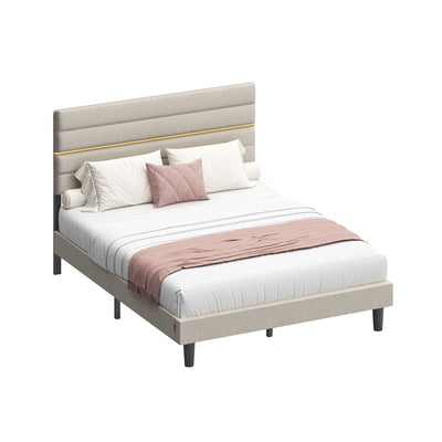 Bed Frame For Double Bed With Beige Linen Upholstered Headboard