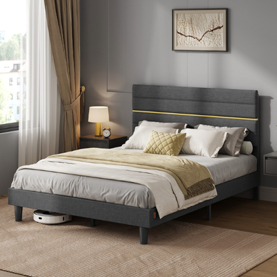 Bed Frame For Double Bed With Dark Grey Adjustable Upholstered Headboard For Modern Bedrooms