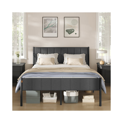 Bed Frame For King Size Bed With Grey Upholstered Headboard - Easy Assembly