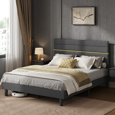 Bed Frame For King Size Bed With Grey Upholstered Headboard for Modern Bedroom Comfort