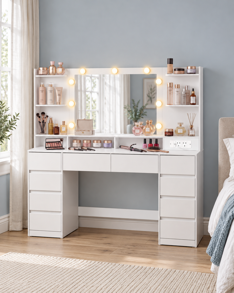 Cloud White dressing table with lit mirror, skincare on the shelves and makeup on the tabletop in a bedroom