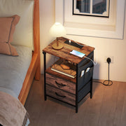Bedside Table with USB Charging Station 2 Drawers & Storage Shelf for Bedroom or Living Room, Rustic Brown & Black