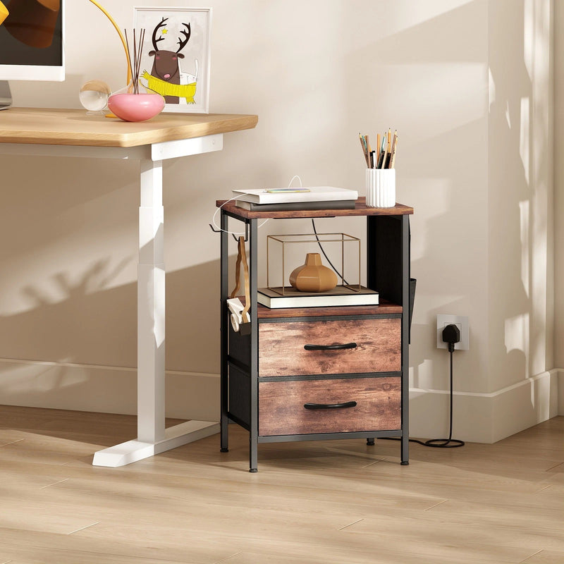 Bedside Table with USB Charging Station 2 Drawers & Storage Shelf for Bedroom or Living Room, Rustic Brown & Black