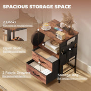 Bedside Table with USB Charging Station 2 Drawers & Storage Shelf for Bedroom or Living Room, Rustic Brown & Black