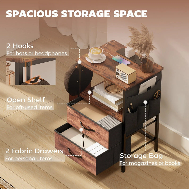 Bedside Table with USB Charging Station 2 Drawers & Storage Shelf for Bedroom or Living Room, Rustic Brown & Black