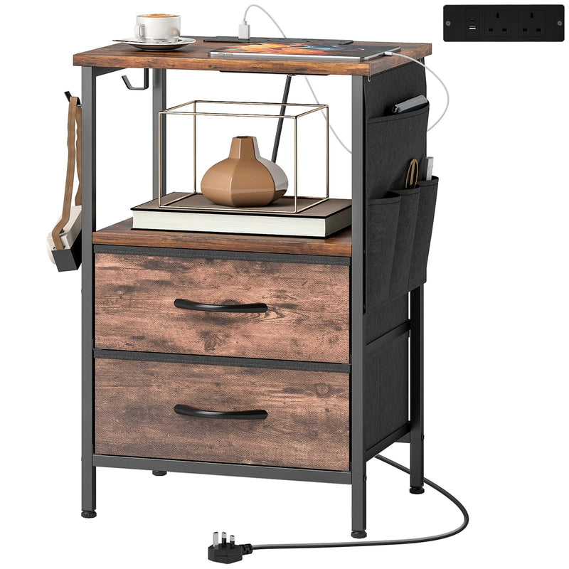 Bedside Table with USB Charging Station 2 Drawers & Storage Shelf for Bedroom or Living Room, Rustic Brown & Black