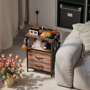 Bedside Table with USB Charging Station 2 Drawers & Storage Shelf for Bedroom or Living Room, Rustic Brown & Black