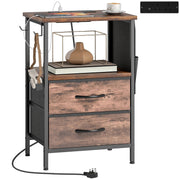 Bedside Table with USB Charging Station 2 Drawers & Storage Shelf for Bedroom or Living Room, Rustic Brown & Black