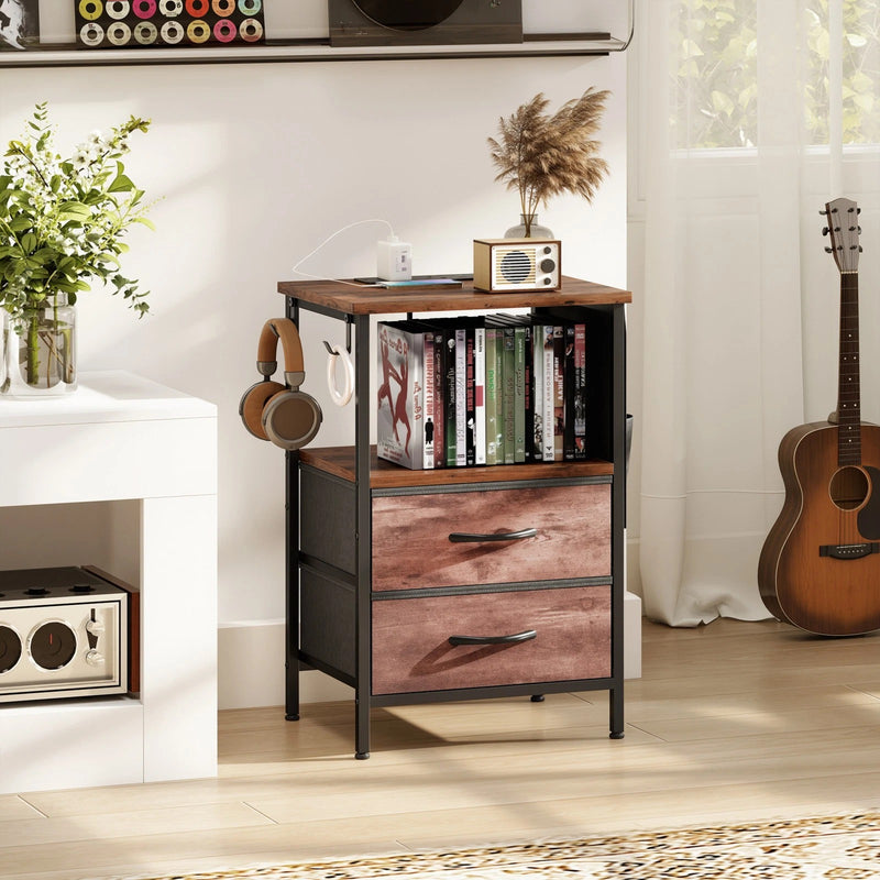 Bedside Table with USB Charging Station 2 Drawers & Storage Shelf for Bedroom or Living Room, Rustic Brown & Black