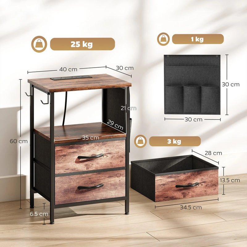 Bedside Table with USB Charging Station 2 Drawers & Storage Shelf for Bedroom or Living Room, Rustic Brown & Black