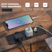 Bedside Table with USB Charging Station 2 Drawers & Storage Shelf for Bedroom or Living Room, Rustic Brown & Black